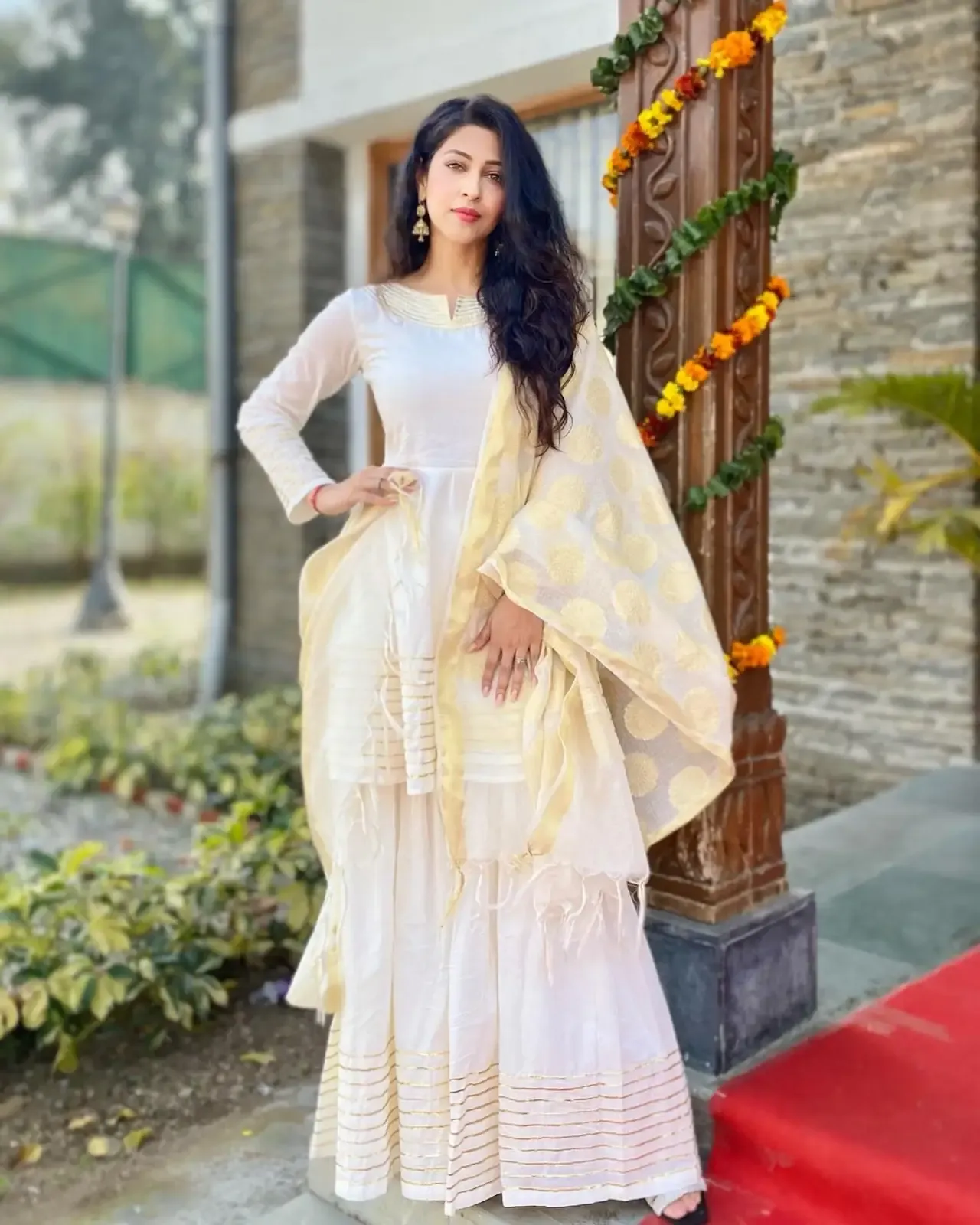 North Indian Actress Sonarika Bhadoria in Traditional White Dress